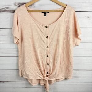 Cable & Gauge Women's Seersucker Button Tie Knot Short Sleeve Blouse Pink‎ Large